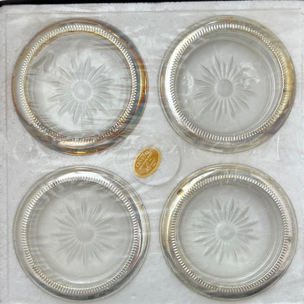 NOS Leonard Coaster Set Crystal Silver Plate Vintage Starburst Italy 4pc
